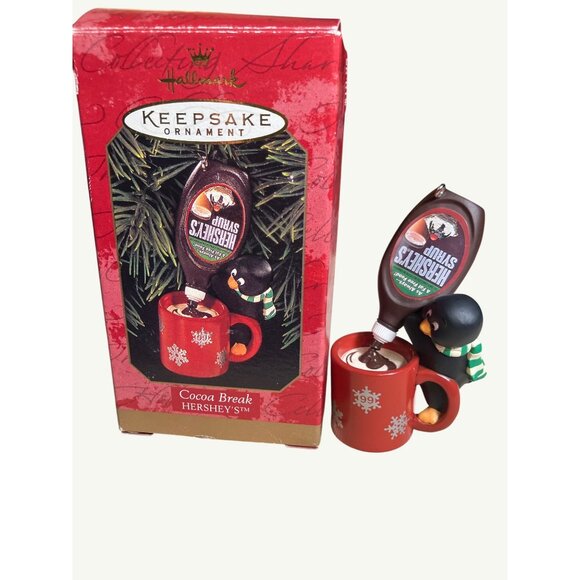 Hallmark Keepsake Ornament 1999 Cocoa Break Hershey's Syrup Mug With Penguin - Picture 3 of 10
